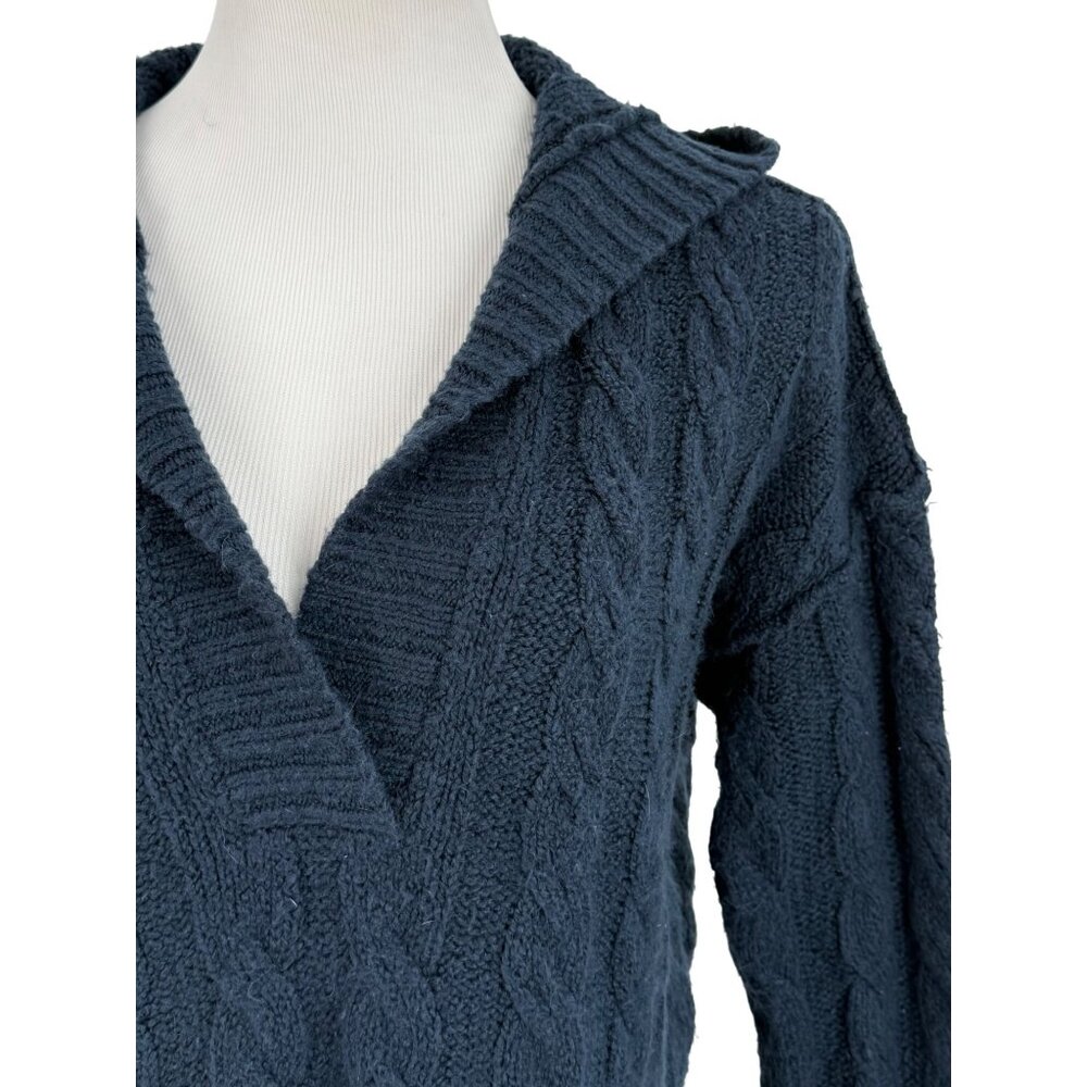 Vtg Y2K American Eagle Blue V-Neck Hooded Cable Knit Sweater | Coastal Grunge XS - Picture 2 of 13